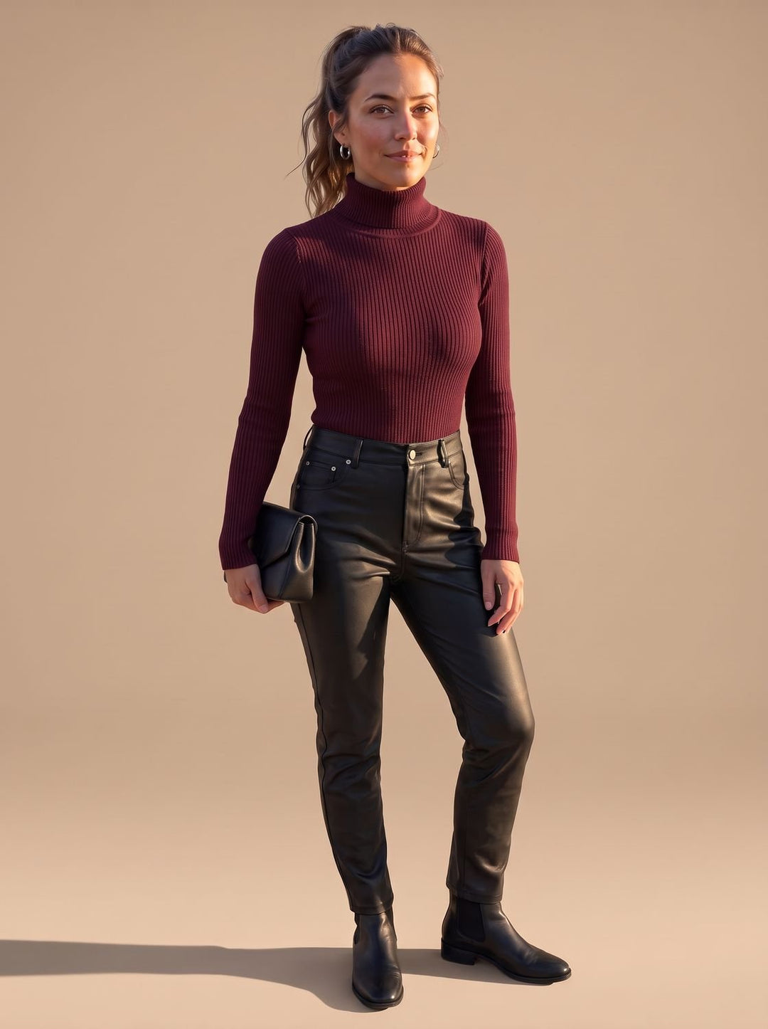 Rollkragenpullover Damen Gerippter Langarm Strickpullover Slim-Fit
