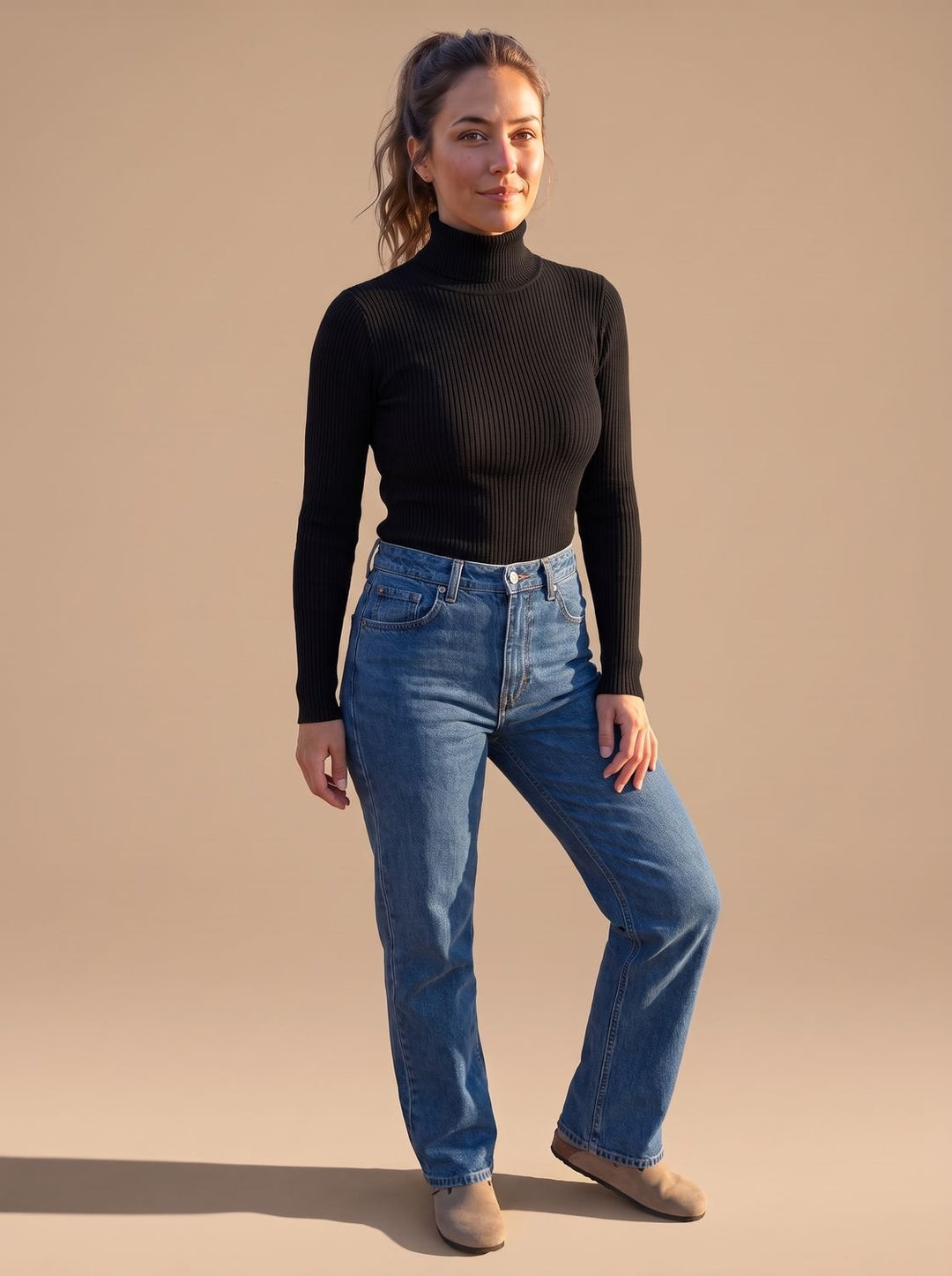 Rollkragenpullover Damen Gerippter Langarm Strickpullover Slim-Fit