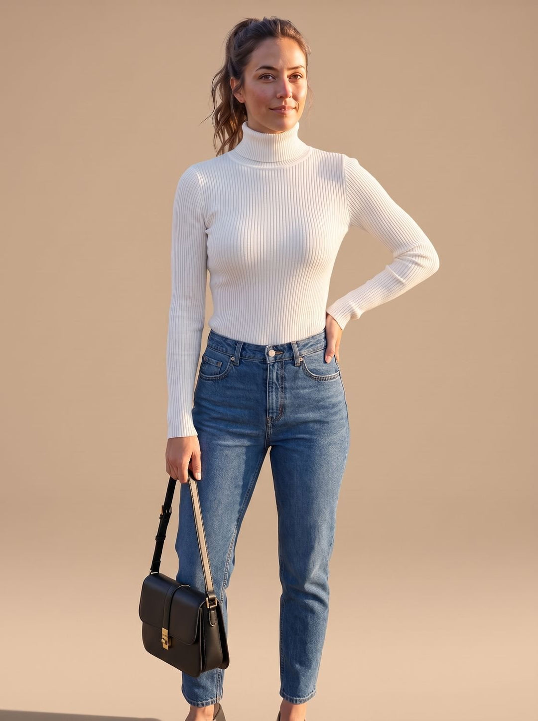 Rollkragenpullover Damen Gerippter Langarm Strickpullover Slim-Fit - Weiß