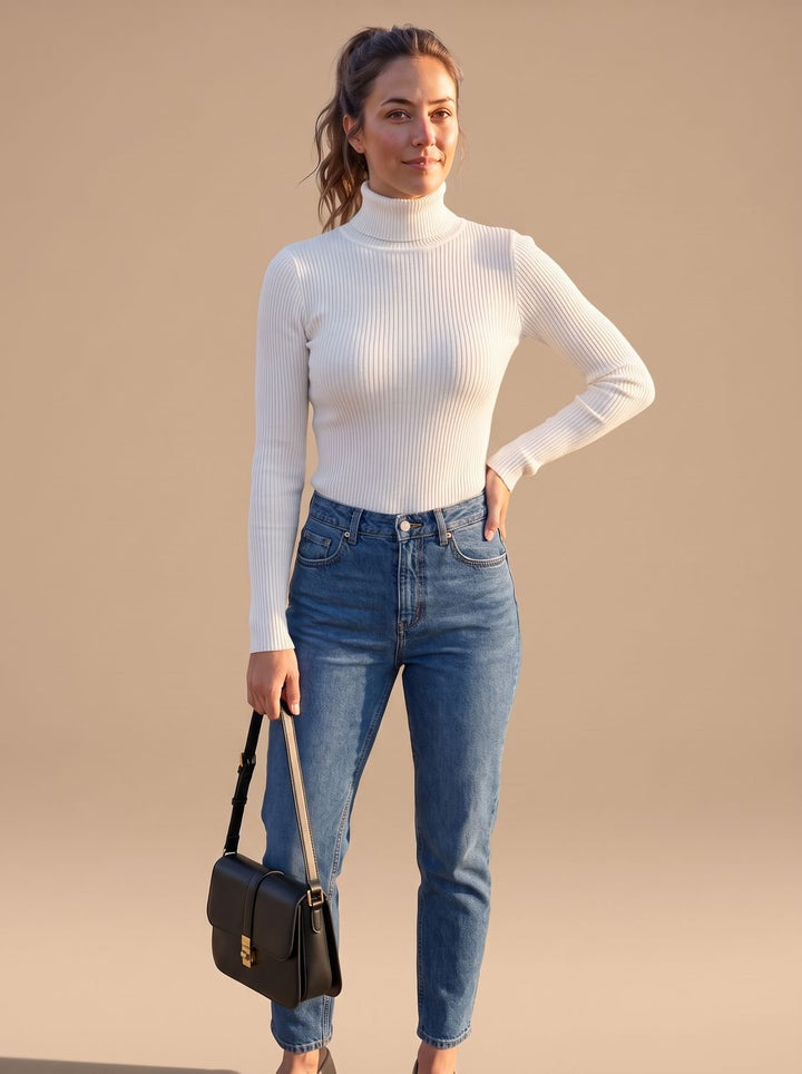 Rollkragenpullover Damen Gerippter Langarm Strickpullover Slim-Fit - Weiß
