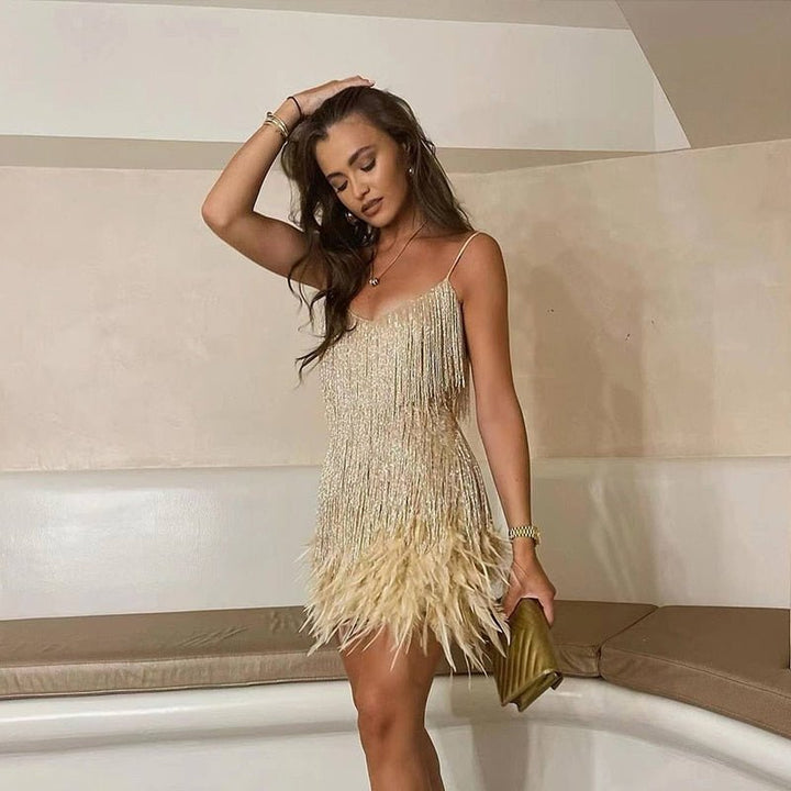 Edith | Damen Sommer Figurbetontes Cocktail Mini Kleid Mit Pailletten