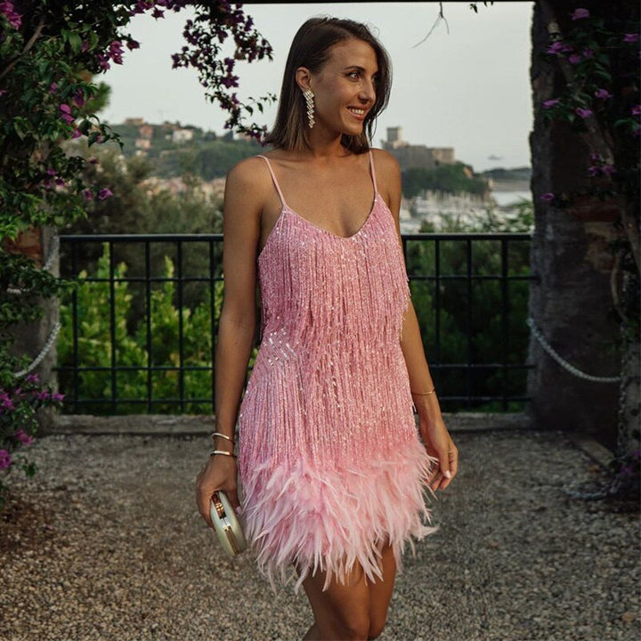Edith | Damen Sommer Figurbetontes Cocktail Mini Kleid Mit Pailletten