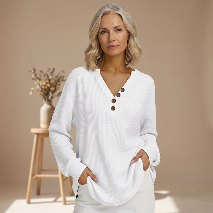 Signe Damen Pullover Waffelstrick V-Ausschnitt Oversized Henley - Weiß