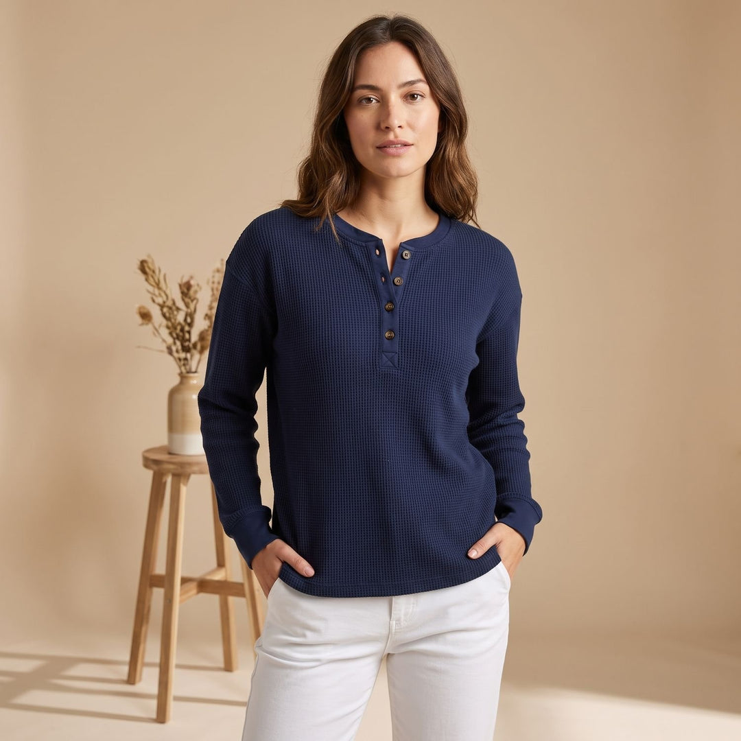 Signe Damen Pullover Waffelstrick V-Ausschnitt Oversized Henley - Marineblau