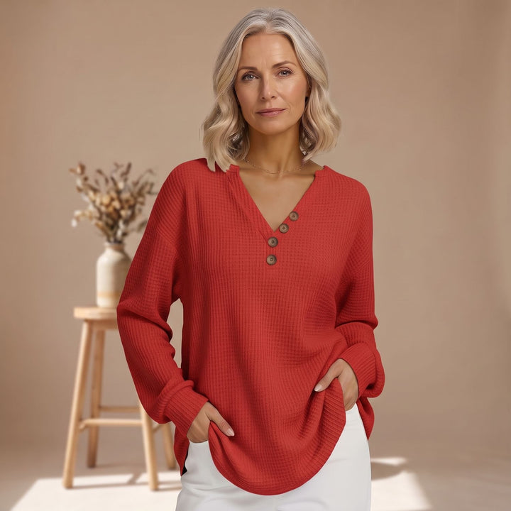 Signe Damen Pullover Waffelstrick V-Ausschnitt Oversized Henley - Rot