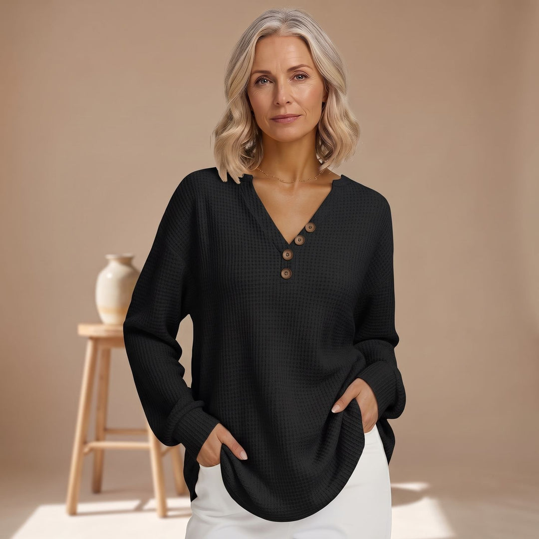 Signe Damen Pullover Waffelstrick V-Ausschnitt Oversized Henley - Schwarz