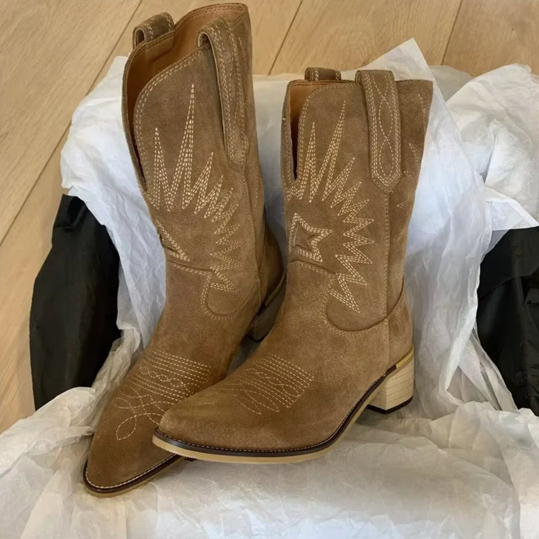 Stiefel Damen Bestickte Wildleder Cowboystiefel Spitze Zehenpartie