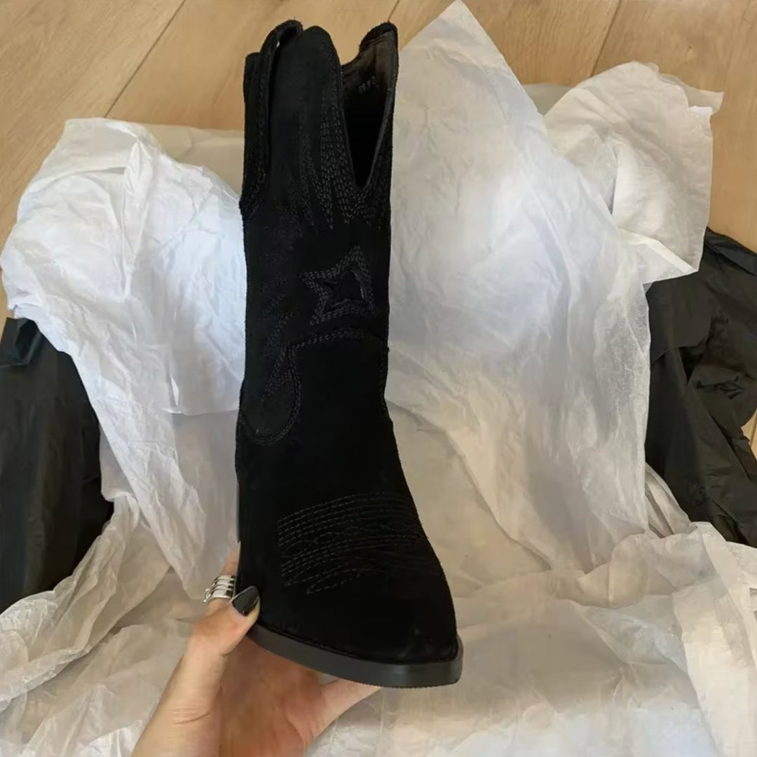 Stiefel Damen Bestickte Wildleder Cowboystiefel Spitze Zehenpartie