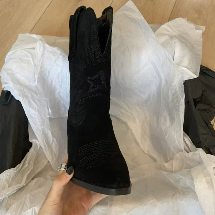 Stiefel Damen Bestickte Wildleder Cowboystiefel Spitze Zehenpartie