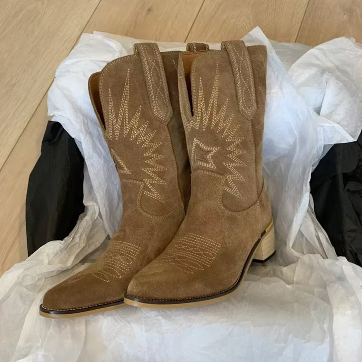Stiefel Damen Bestickte Wildleder Cowboystiefel Spitze Zehenpartie - Braun