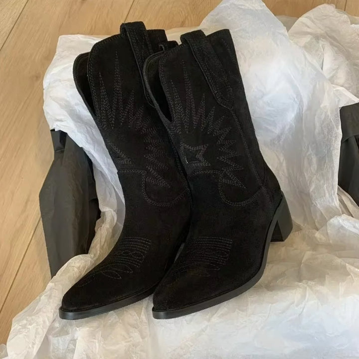 Stiefel Damen Bestickte Wildleder Cowboystiefel Spitze Zehenpartie - Schwarz