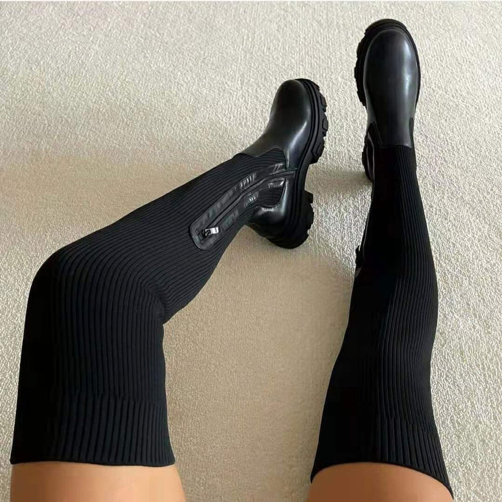 Stiefel Damen Overknee Plateau Stretch-Oberschenkelhohe Boots - Schwarz