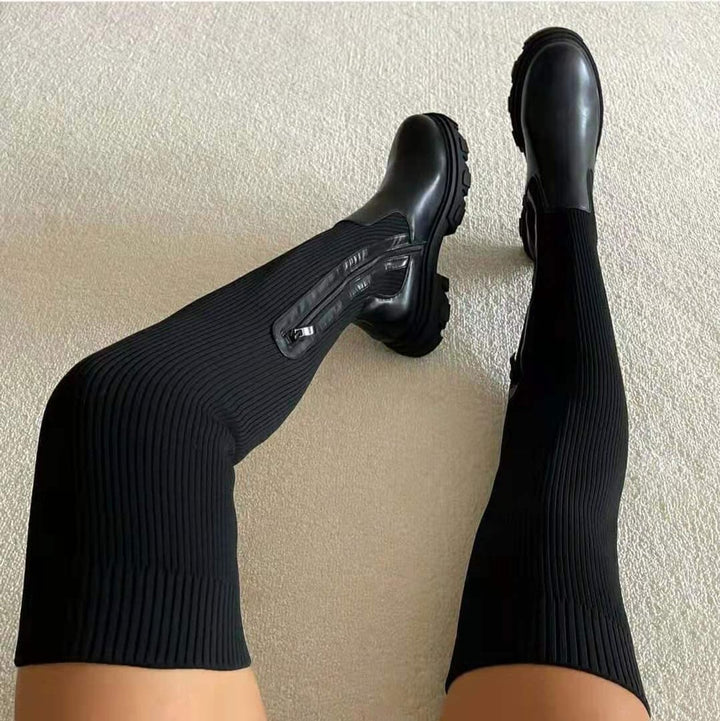 Stiefel Damen Overknee Plateau Stretch-Oberschenkelhohe Boots - Schwarz
