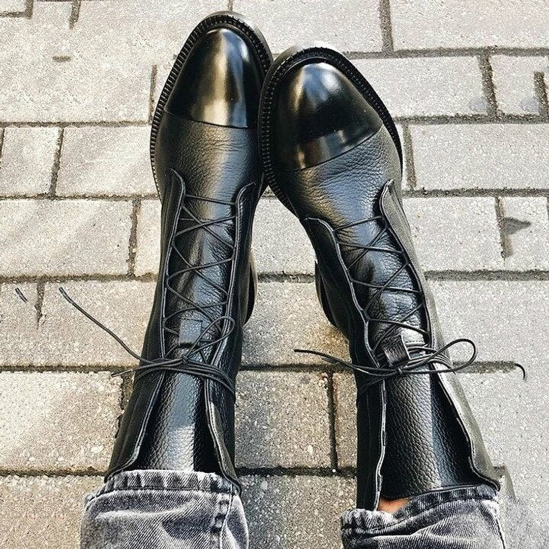 Stiefel Damen Schnürstiefel Echtleder Wasserdicht Winterstiefel - Schwarz