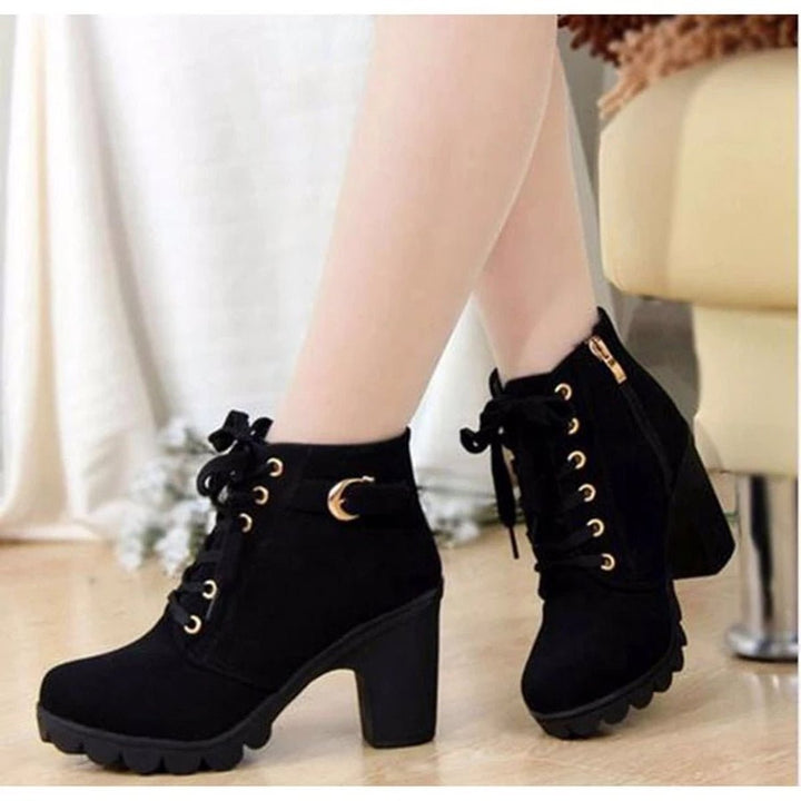 Stiefel Damen Schnürstiefeletten Blockabsatz Wildleder-Optik - Schwarz