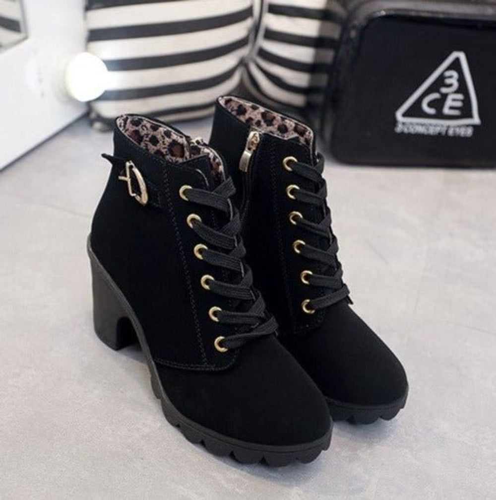 Stiefel Damen Schnürstiefeletten Blockabsatz Wildleder-Optik