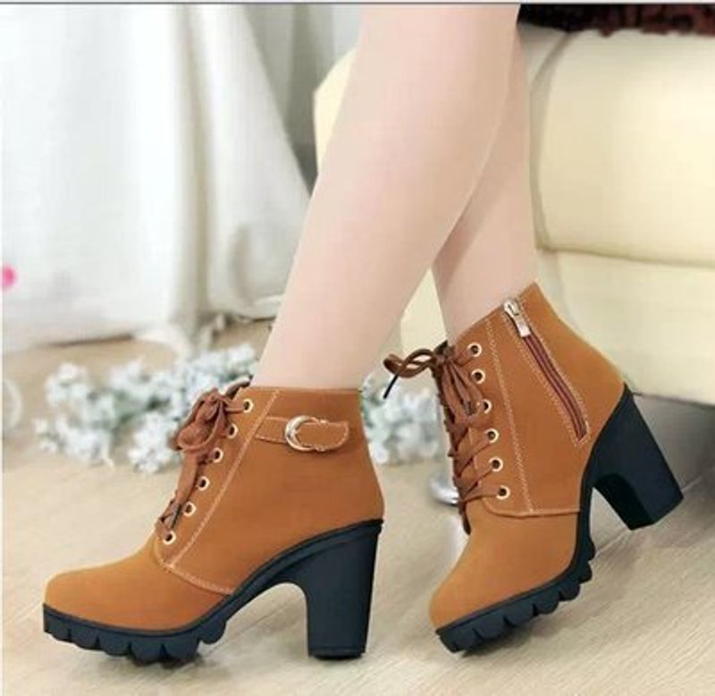 Stiefel Damen Schnürstiefeletten Blockabsatz Wildleder-Optik - Rotbraun