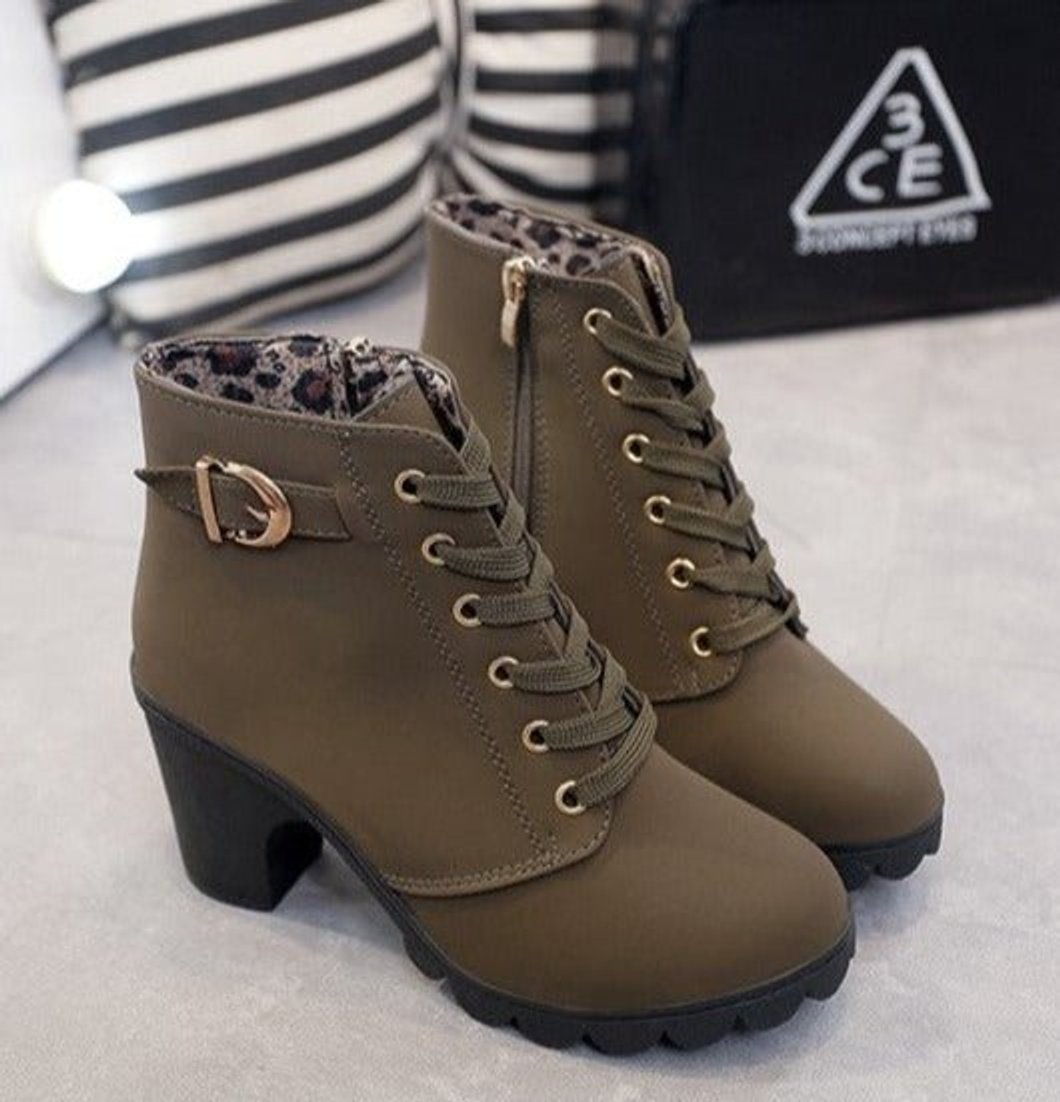 Stiefel Damen Schnürstiefeletten Blockabsatz Wildleder-Optik - Armeegrün