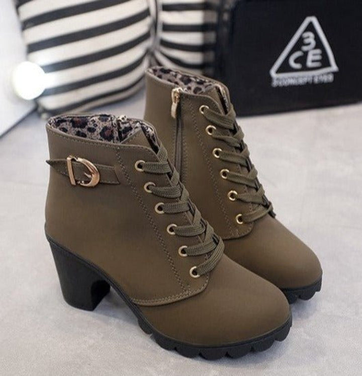 Stiefel Damen Schnürstiefeletten Blockabsatz Wildleder-Optik - Armeegrün