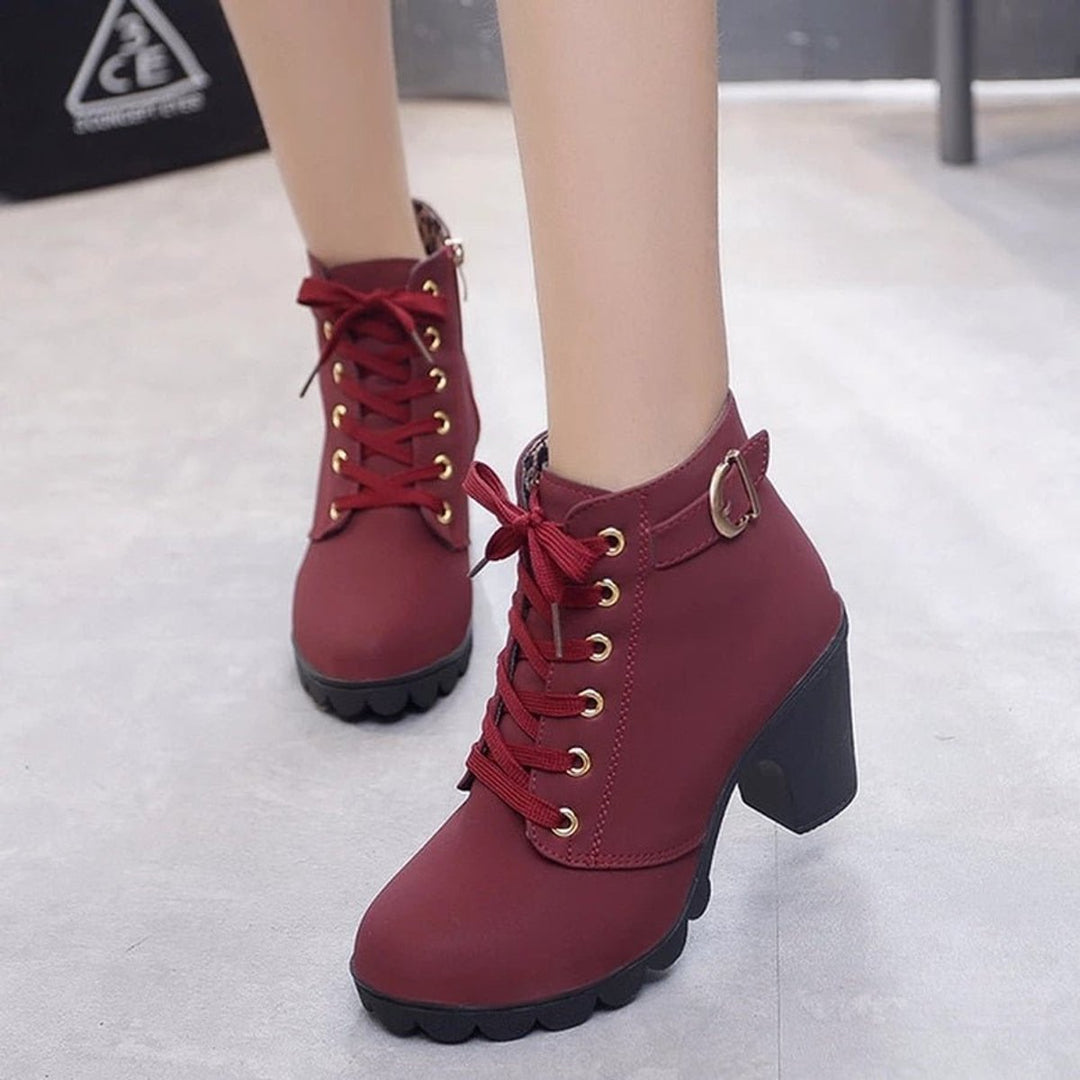 Stiefel Damen Schnürstiefeletten Blockabsatz Wildleder-Optik - Rot