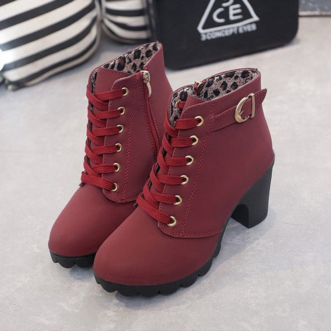 Stiefel Damen Schnürstiefeletten Blockabsatz Wildleder-Optik