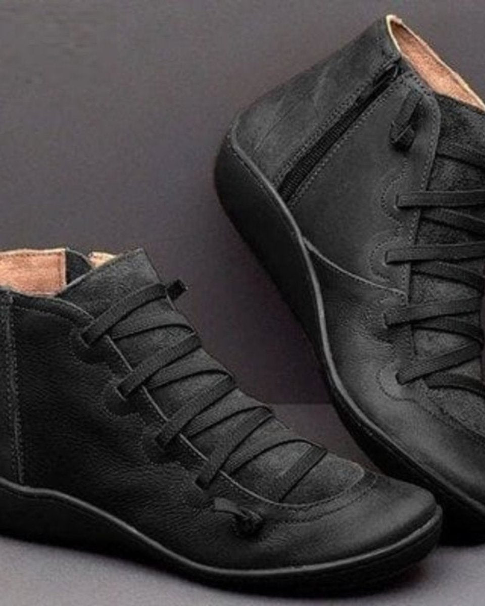 Stiefel Damen Schnürung Leder Knöchelhohe Boots mit Reißverschluss - Schwarz