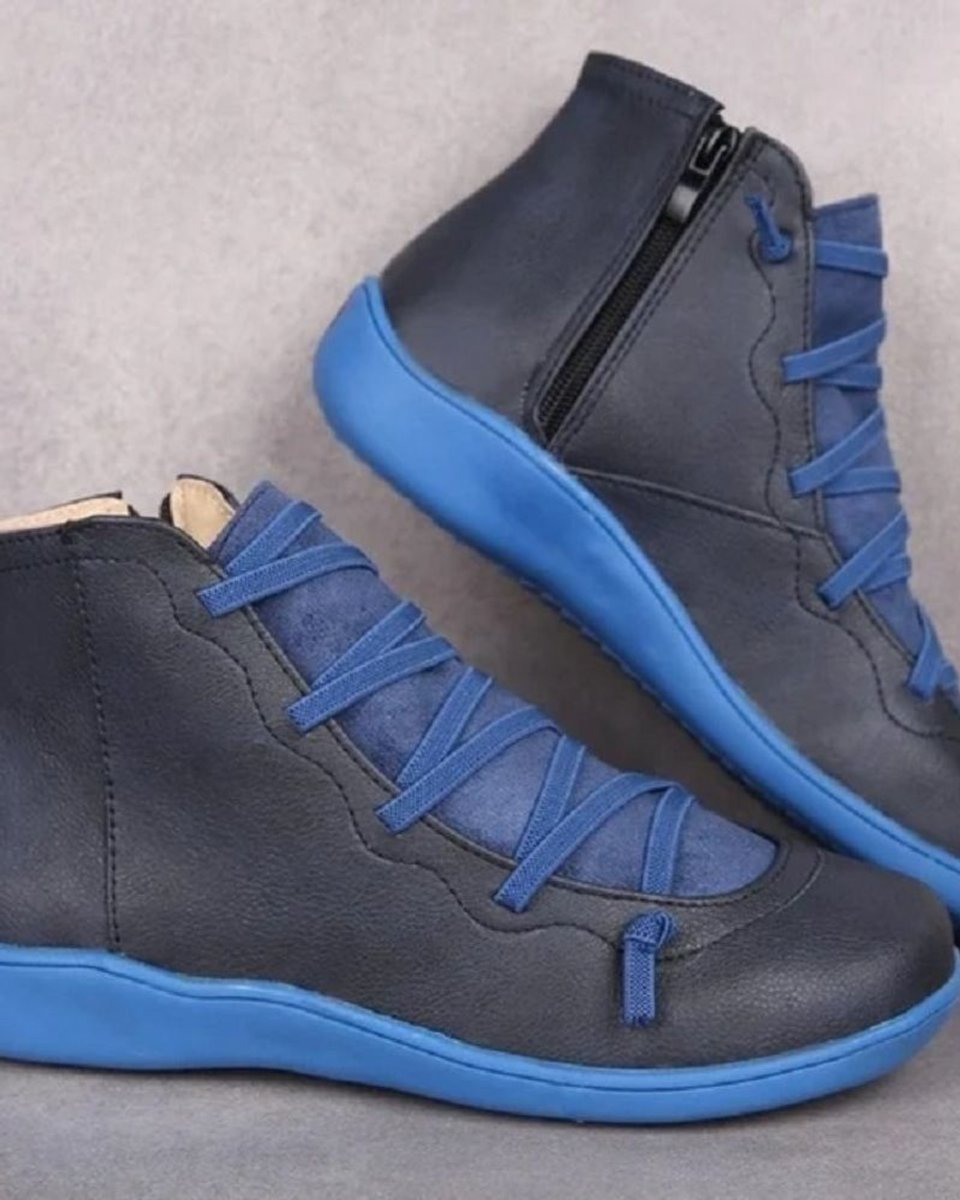 Stiefel Damen Schnürung Leder Knöchelhohe Boots mit Reißverschluss - Blau