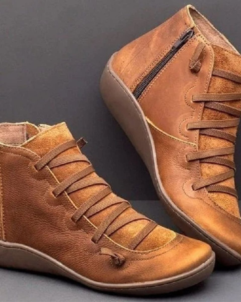 Stiefel Damen Schnürung Leder Knöchelhohe Boots mit Reißverschluss - Braun