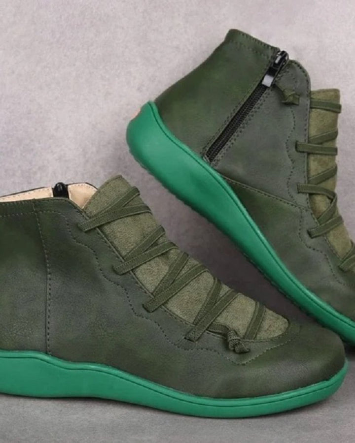 Stiefel Damen Schnürung Leder Knöchelhohe Boots mit Reißverschluss - Grün