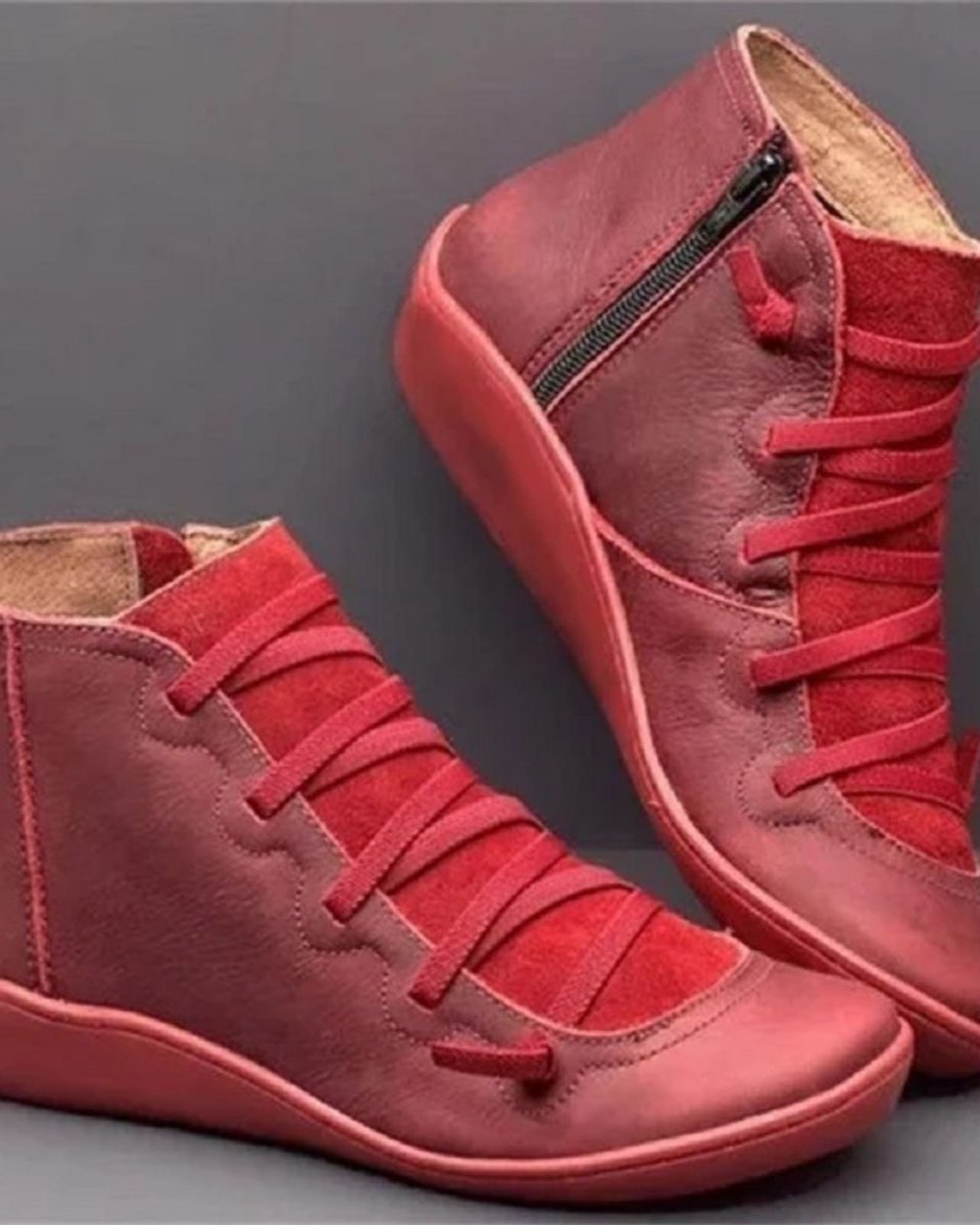 Stiefel Damen Schnürung Leder Knöchelhohe Boots mit Reißverschluss - Rot