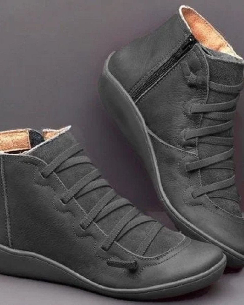 Stiefel Damen Schnürung Leder Knöchelhohe Boots mit Reißverschluss - Grau