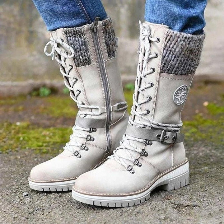 Stiefel Damen Wasserfeste Schnürstiefel Kunstleder Strickschaft Schnalle - Weiß