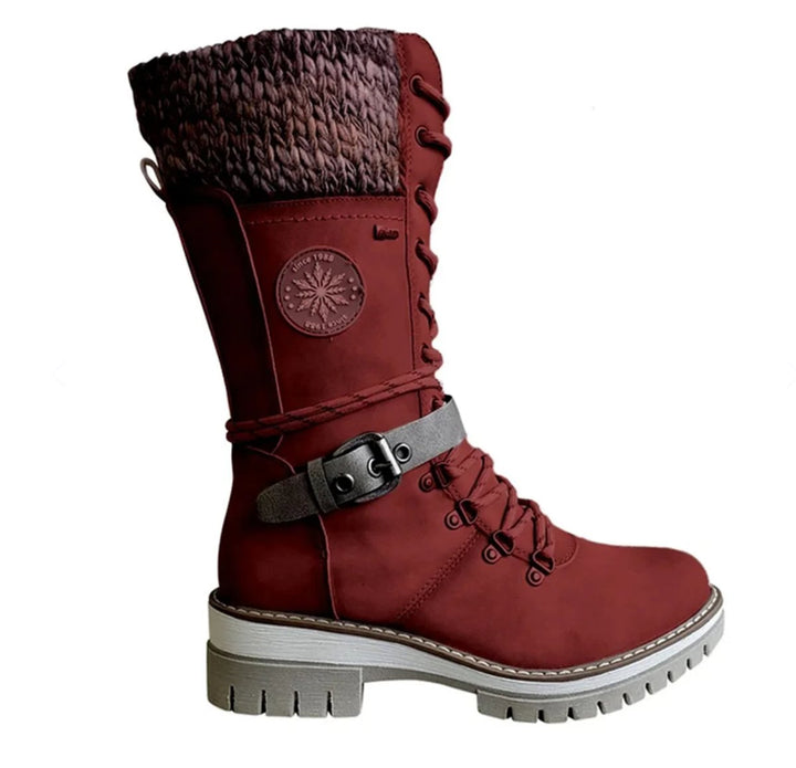 Stiefel Damen Wasserfeste Schnürstiefel Kunstleder Strickschaft Schnalle