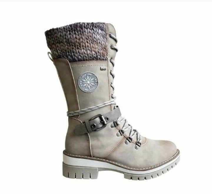 Stiefel Damen Wasserfeste Schnürstiefel Kunstleder Strickschaft Schnalle