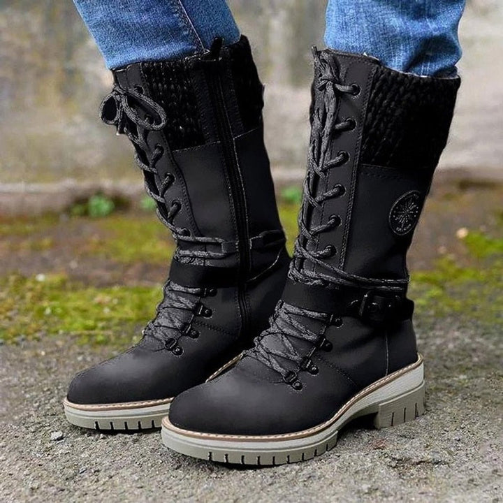 Stiefel Damen Wasserfeste Schnürstiefel Kunstleder Strickschaft Schnalle - Schwarz