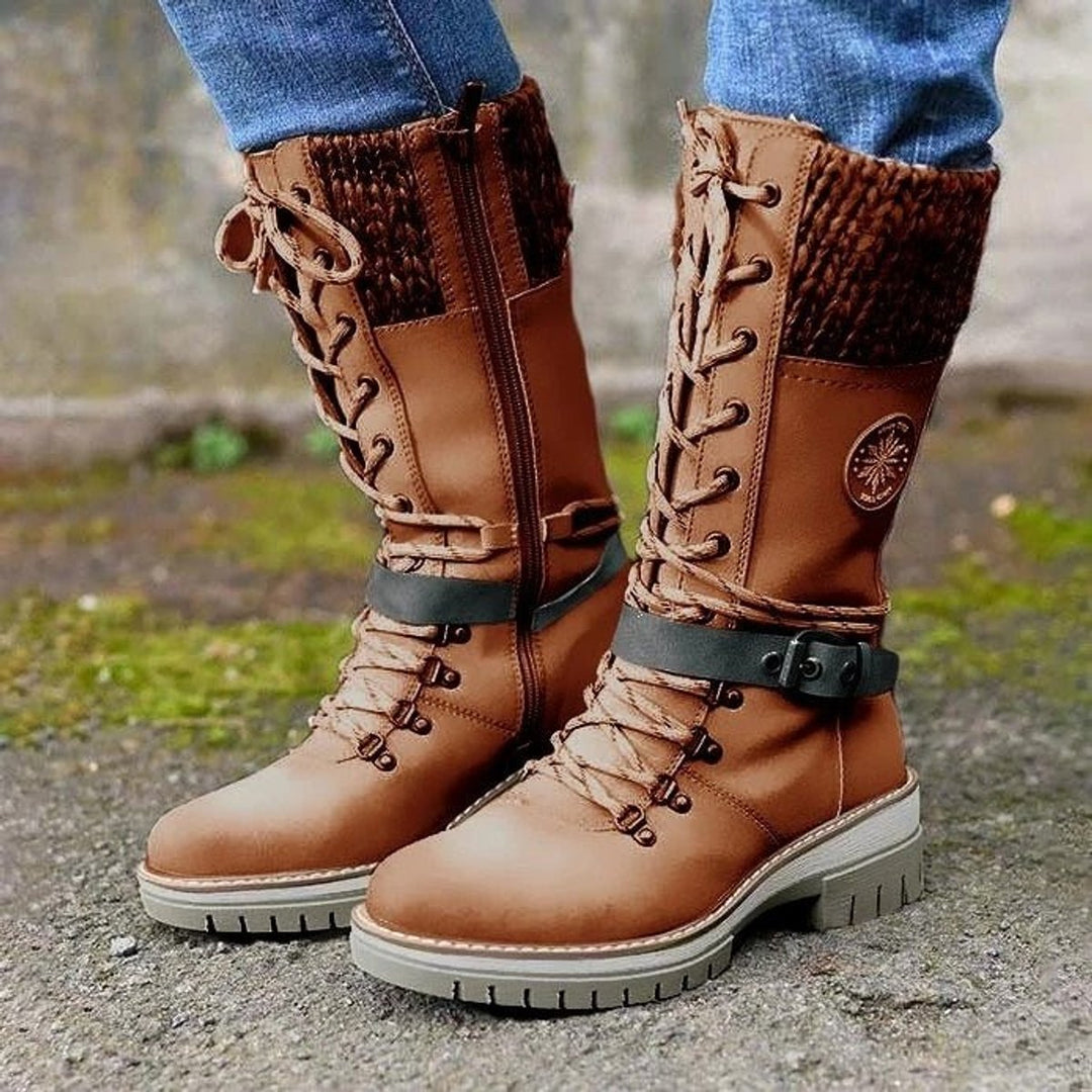 Stiefel Damen Wasserfeste Schnürstiefel Kunstleder Strickschaft Schnalle - Braun
