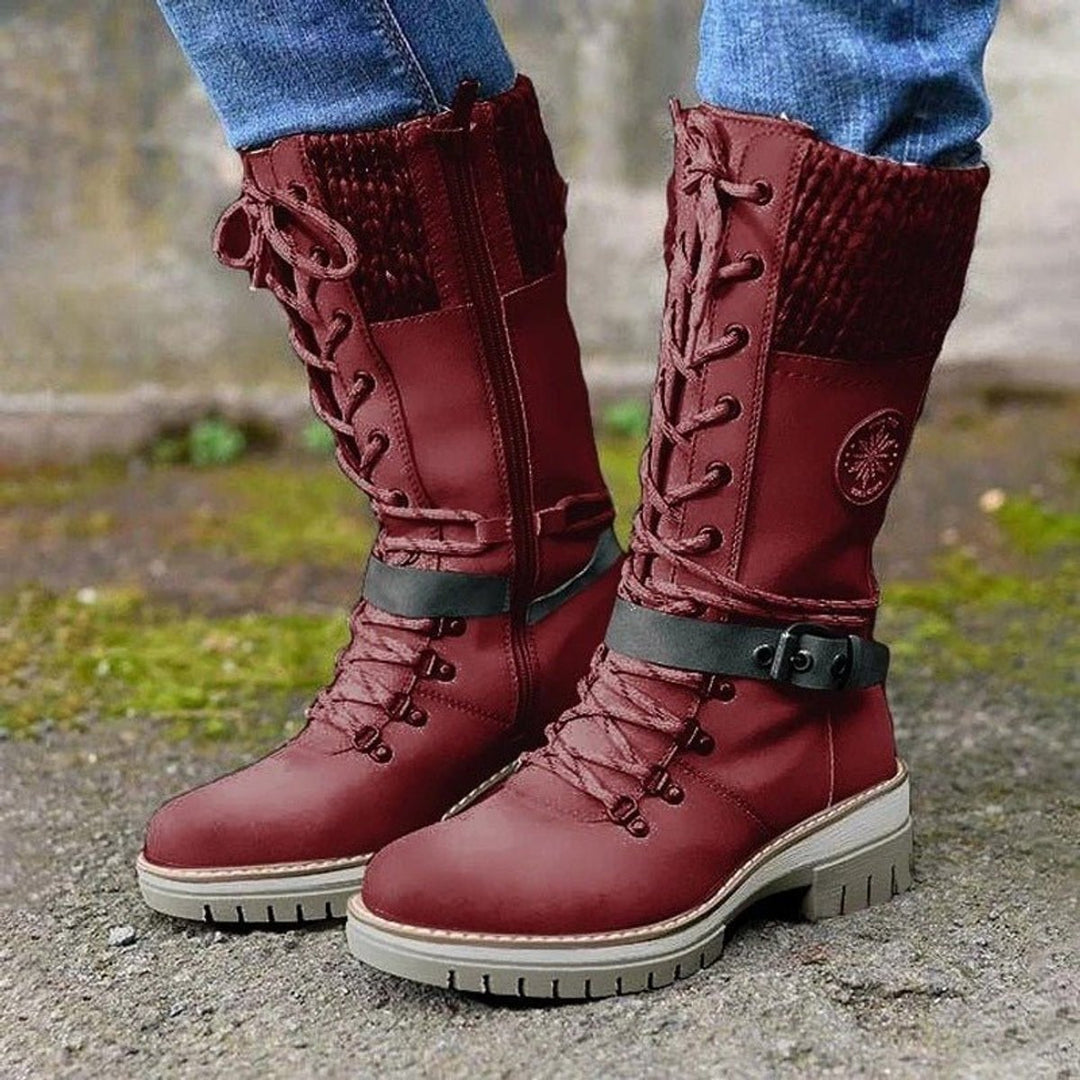 Stiefel Damen Wasserfeste Schnürstiefel Kunstleder Strickschaft Schnalle - Rot