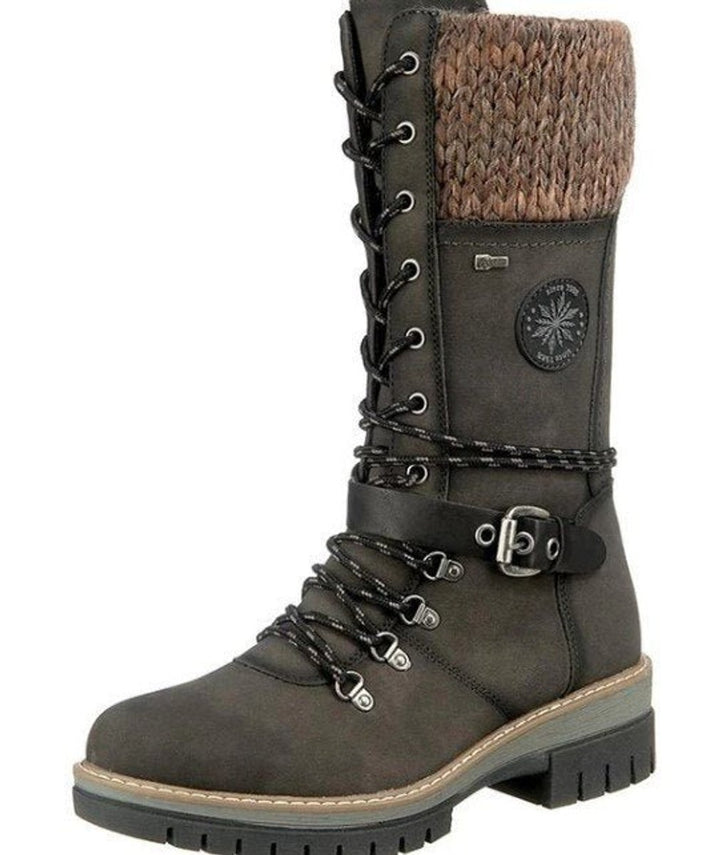Stiefel Damen Wasserfeste Schnürstiefel Kunstleder Strickschaft Schnalle - Grün
