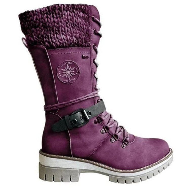 Stiefel Damen Wasserfeste Schnürstiefel Kunstleder Strickschaft Schnalle - Violett
