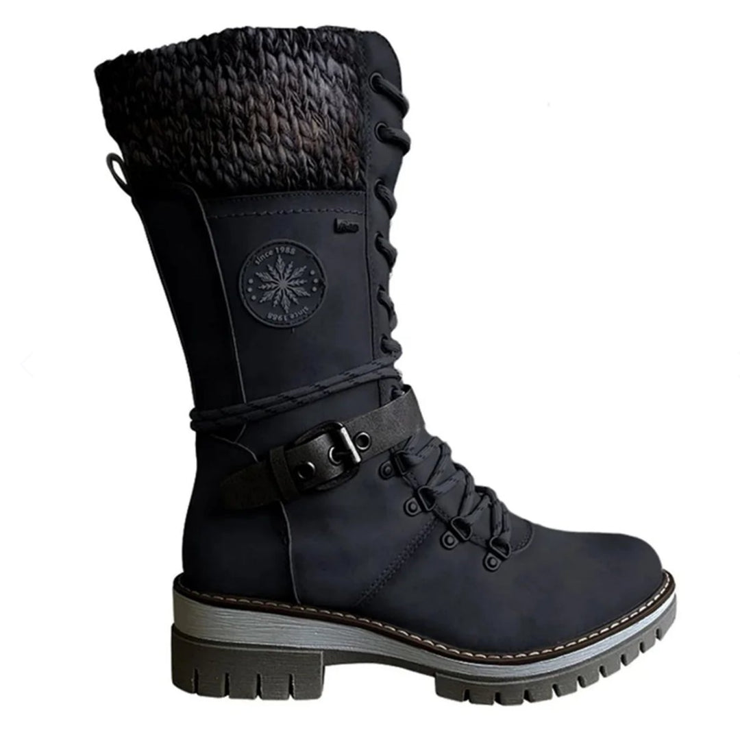 Stiefel Damen Wasserfeste Schnürstiefel Kunstleder Strickschaft Schnalle