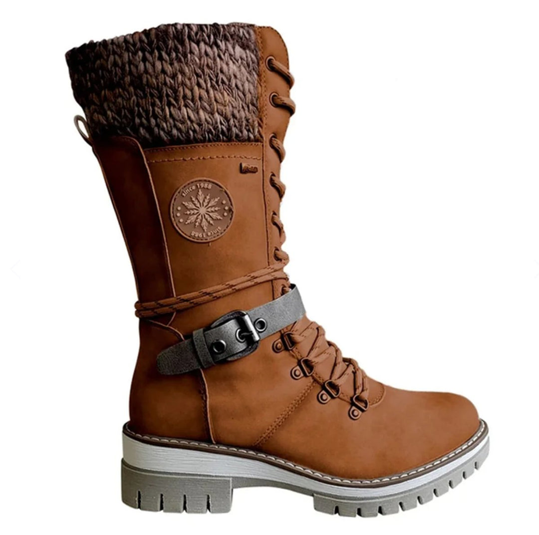 Stiefel Damen Wasserfeste Schnürstiefel Kunstleder Strickschaft Schnalle