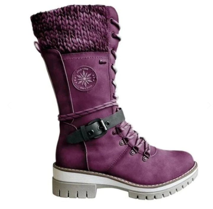 Stiefel Damen Wasserfeste Schnürstiefel Kunstleder Strickschaft Schnalle