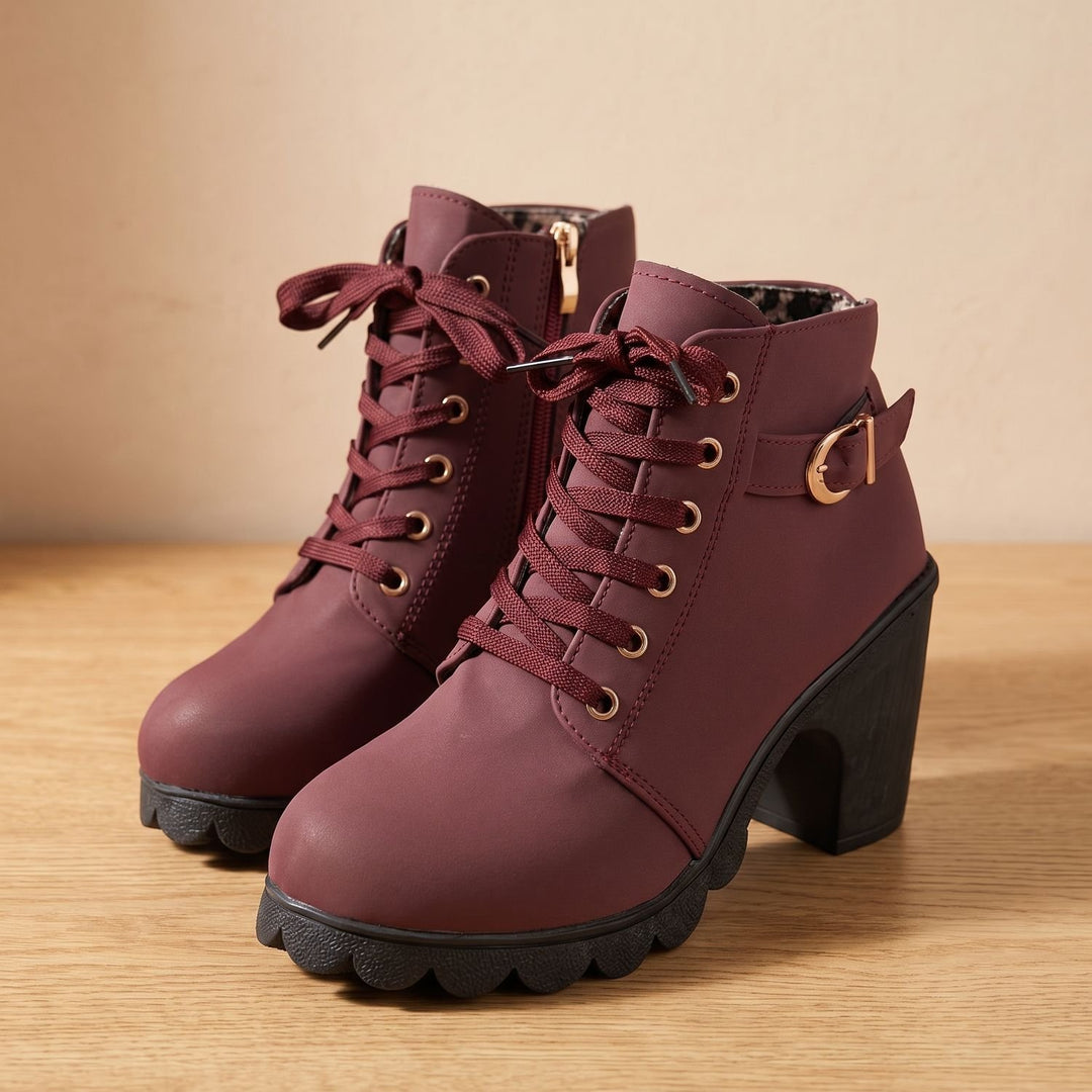 Stiefeletten Damen Blockabsatz Schnürung Schnallendetail Profilsohle - Bordeaux