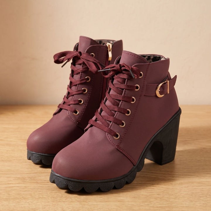 Stiefeletten Damen Blockabsatz Schnürung Schnallendetail Profilsohle - Bordeaux