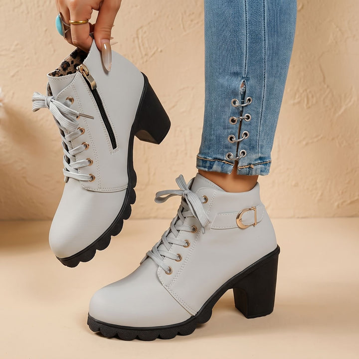 Stiefeletten Damen Blockabsatz Schnürung Schnallendetail Profilsohle - Grau