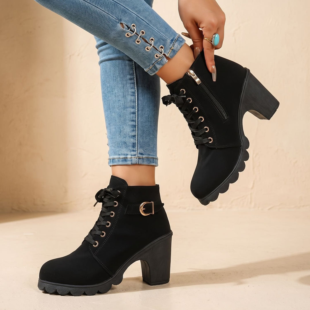Stiefeletten Damen Blockabsatz Schnürung Schnallendetail Profilsohle - Schwarz
