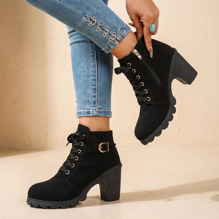 Stiefeletten Damen Blockabsatz Schnürung Schnallendetail Profilsohle - Schwarz