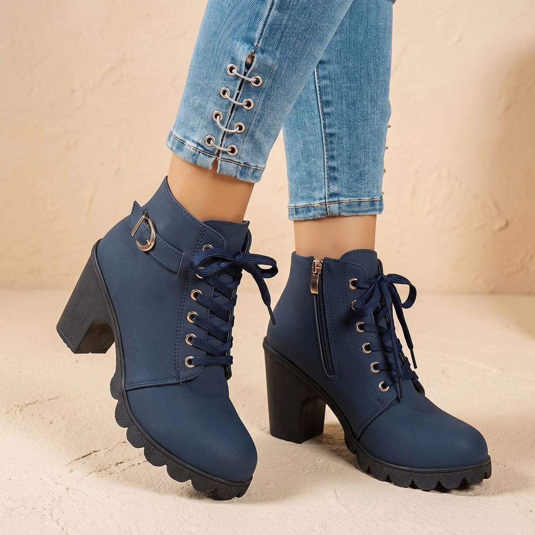 Stiefeletten Damen Blockabsatz Schnürung Schnallendetail Profilsohle