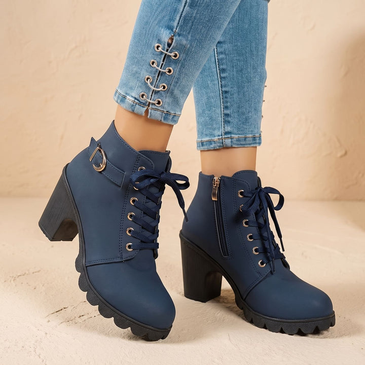 Stiefeletten Damen Blockabsatz Schnürung Schnallendetail Profilsohle