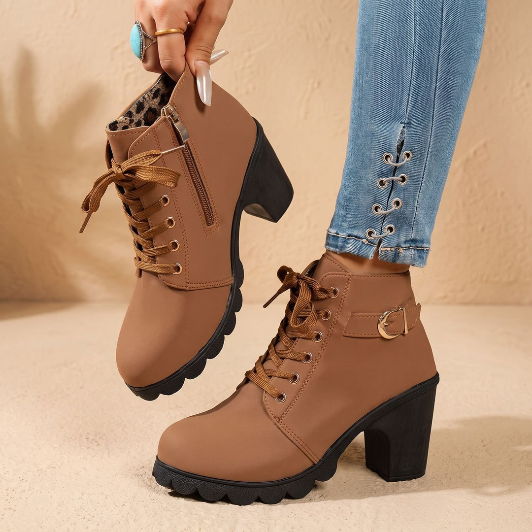 Stiefeletten Damen Blockabsatz Schnürung Schnallendetail Profilsohle - Braun
